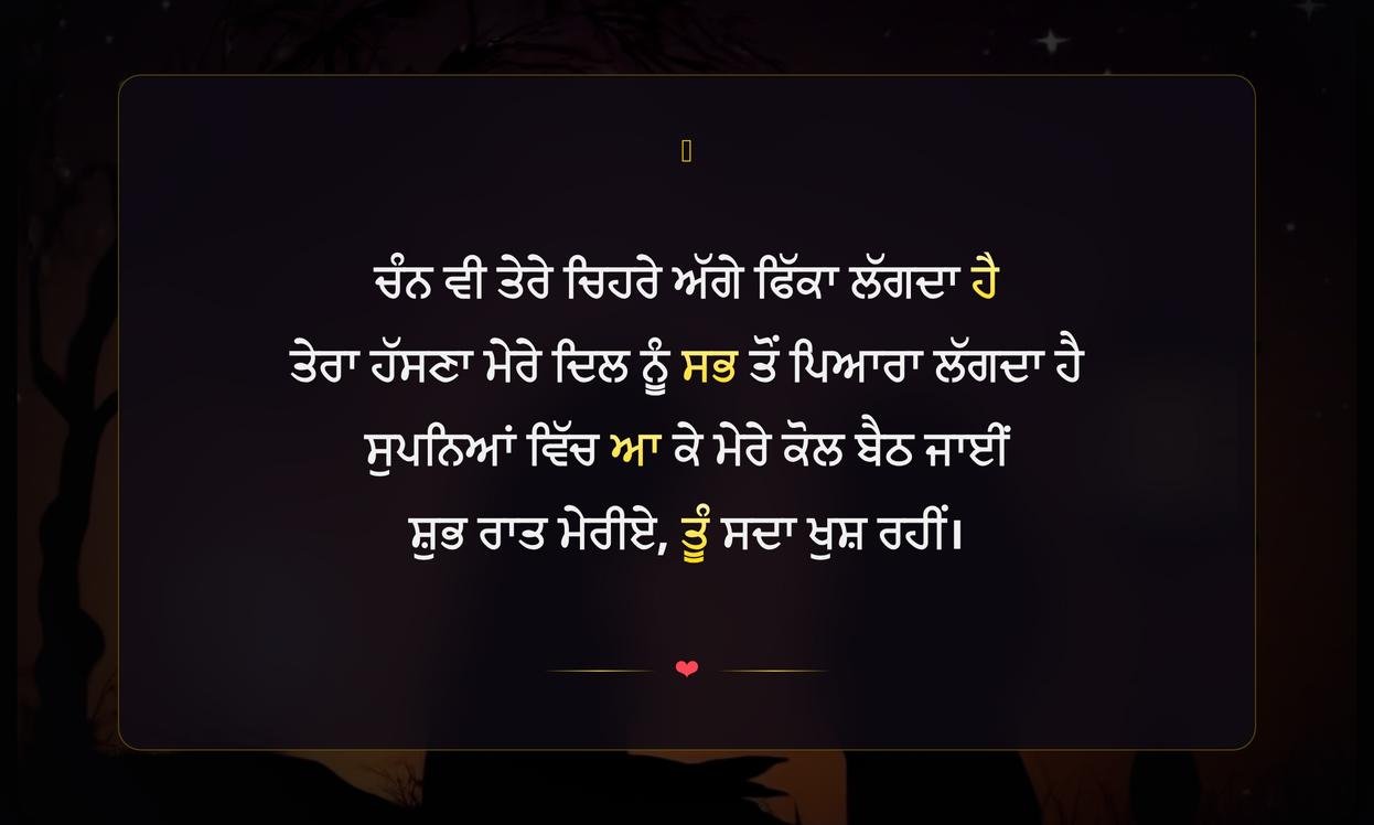 Good Night Shayari In Punjabi For Girlfriend | ਪ੍ਰੇਮਿਕਾ ਲਈ ਪੰਜਾਬੀ ਵਿੱਚ ਸ਼ੁਭ ਰਾਤ ਦੀਆਂ ਸ਼ਾਇਰੀਆਂ