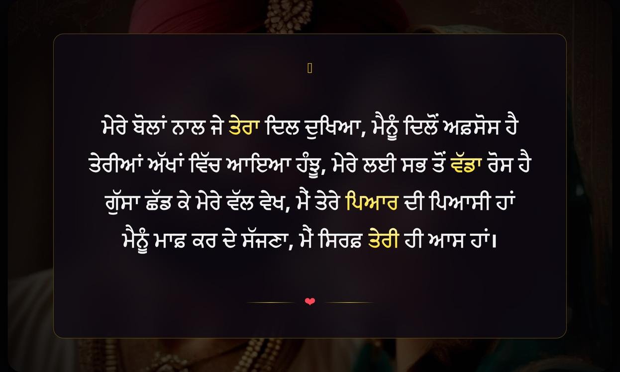 Sorry Shayari In Punjabi For Husband | ਪਤੀ ਲਈ ਦਿਲੋਂ ਮਾਫ਼ੀ ਦੀ ਸ਼ਾਇਰੀ