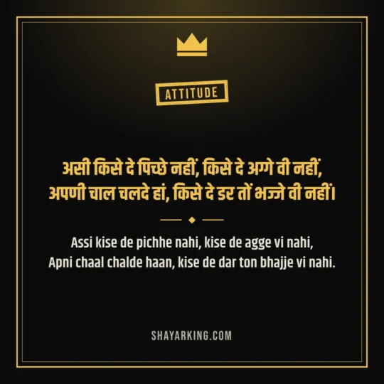 Punjabi Attitude Shayari photo: Assi kise de pichhe nahi, kise de agge vi nahi